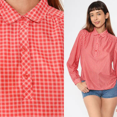 70s Checkered Blouse Red White Top Retro Plaid Collared Long Sleeve Polo Shirt Seventies Casual Vintage 1970s Medium M 