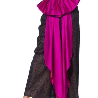 1980S Yves Saint Laurent Black Silk Jacquard Ysl Metallic High-Waisted Skirt With Giant Pink Bow 