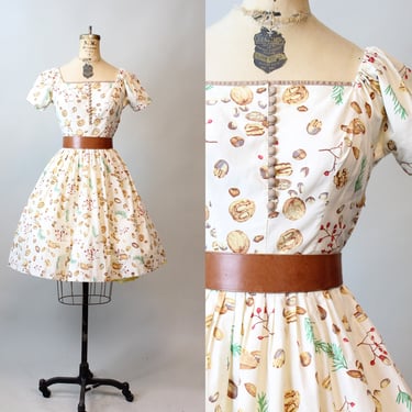 1950s NUTS PINE BERRY novelty print cotton dress xs | new fall 