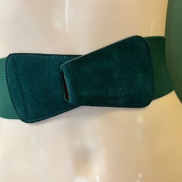1980s green elastic stretch belt hunter suede hook buckle waspie medium 