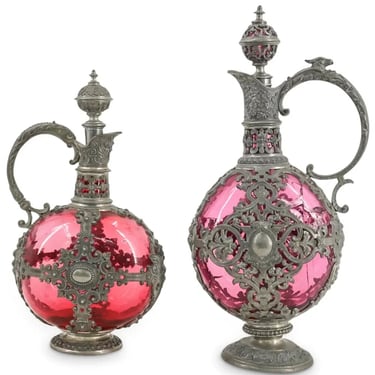 Antique Clarets, Colored Pink Glass & Pewter, Two Pieces, European, 1800s!
