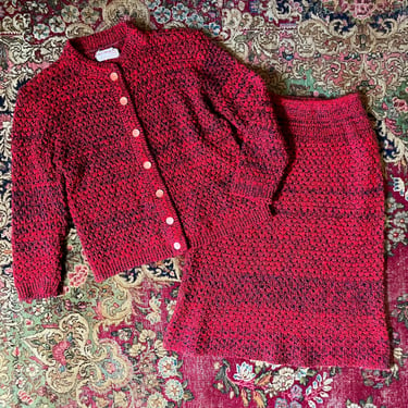 Vintage 1950’s SUZY DEE cardigan sweater & knit skirt set / candy apple red and charcoal gray, S/M 