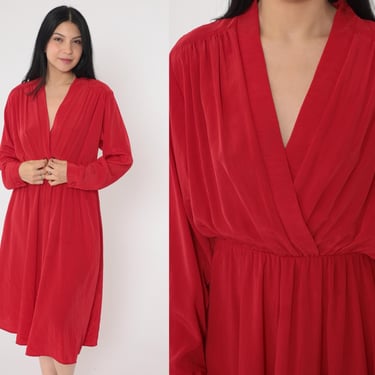 Vintage Red Wrap Dress 90s Midi Dress Deep V Neck Draped High Waist Long Sleeve Surplice Neckline Plain Retro Party 1990s Medium Petite 