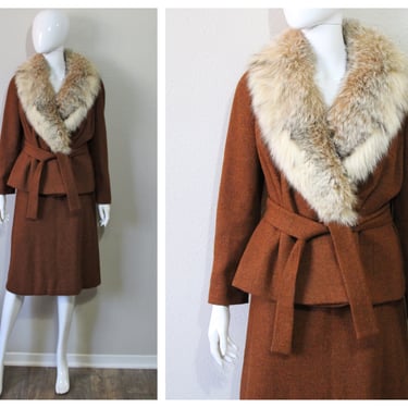 Vintage 1960s Nobb Hill SF of California Fancy Brown Wool Dress Suit Coyote Fur Collar William Silva   // Modern Size  6 8 Small Med 