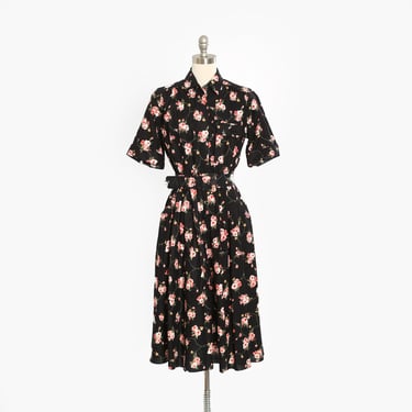 80s Black Pink floral rose cotton dress 