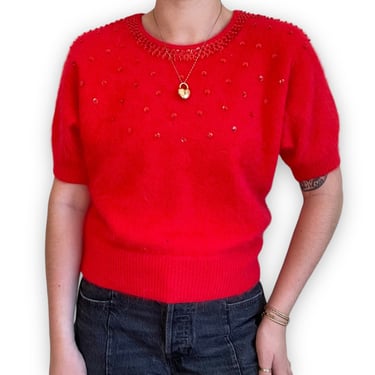 Vintage 80s Womens Red Angora Fluffy Soft Sequin Holiday Christmas Sweater Sz M 