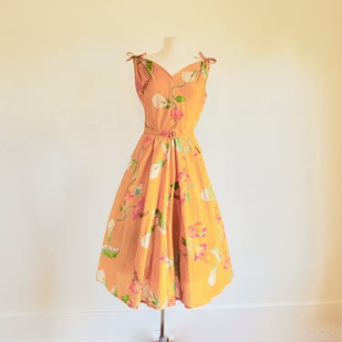 Vintage 1950's Tangerine Orange Cotton Floral Fit and Flare Dress Full Skirt Rockabilly Swing 50's Spring Summer Dresses 33