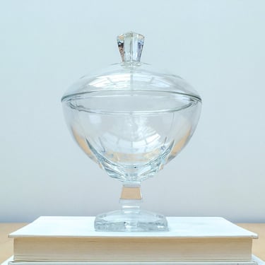 Vintage Clear Pressed Glass Covered Compote, Footed Pedestal Bowl Apothecary Candy Dish with Lid 