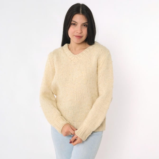 お中元 お歳暮 お年賀 夏 冬 年末年始のご挨拶 ギフト 通販な Vintage Cream Pullover Knit Neck V 80s Sweater Knit Slub トップス