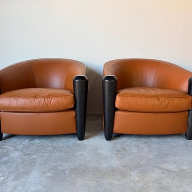 Pair Of Adam Tihany for Pace Collection  Art Deco Style Leather Club Chairs by i4 Mariani 