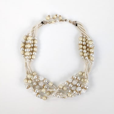 Vintage White Beaded Necklace, 1950s Multi Strand Faux Pearl Necklace 
