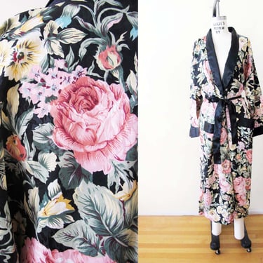 Vintage 80s Black Floral Satin Kimono Robe One Size - 1980s Pink Yellow  Boudoir Dressing Lounge Bridal Robe 