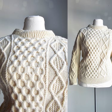 Vintage Irish Wool Knit Sweater / Vintage Cable Knit Sweater / Heavy Cream Wool Sweater / Irish Wool Knit Sweater Medium Large 