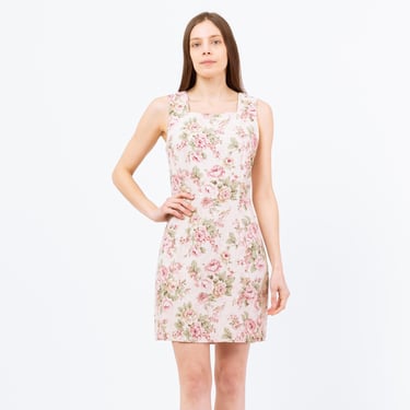 Medium 90s Rose Floral Linen Blend Mini Dress | Vintage Sleeveless Summer Sheath Dress 