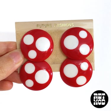 DEADSTOCK Happy Vintage Red White Polka Dot Space Age Mushroom Vibes Clip-on Earrings 