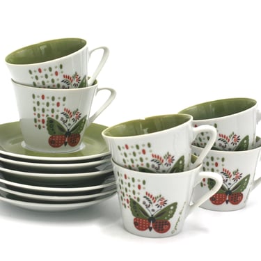 vintage George Briard Mid Century Butterfly cups and saucers set of six 
