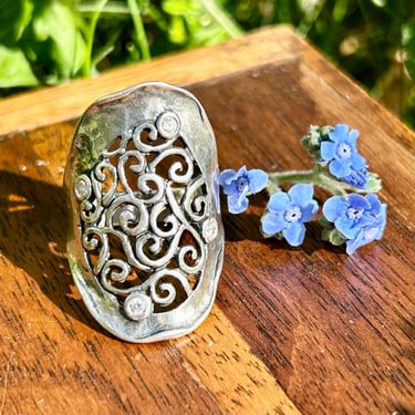Vintage Sterling Silver Filigree Ring Rhinestones Half Finger Art Nouveau Style 925 Size 7.5 