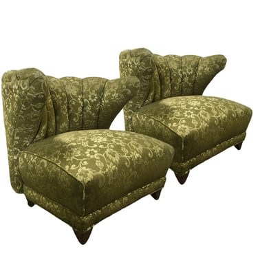 Vintage Danish WingBack Upholstered Armchair in Olive Velvet with Floral Pattern 