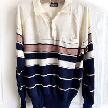 70's Men's Vintage Pullover Knit Shirt, Sweater, Designer Andrew St John, 1980's, 1970's Mid Century Blue Stripes Cream Ivory Disco Era 