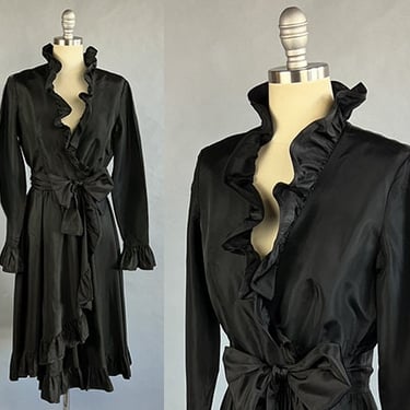 1970s Wrap Dress / 1970s Albert Capraro Black Silk Taffeta Ruffled Wrap Party Dress / Size Small 