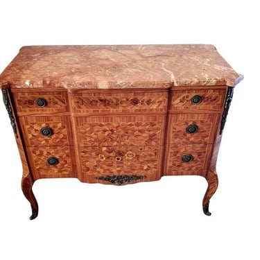 Fine Italian Louis XV XVI Transitional Style Tulipwood Kingwood Cube Parquetry Marquetry Marble Top Chest Of Drawers Dresser Commode Genoa 