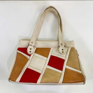 Vintage Mod Patchwork Bag 1960s Handbag Purse Satchel Red Brown Beige Evening Vinyl 60s 