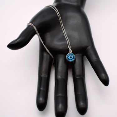 70's 2 sided 925 silver painted glass evil & all seeing eyes pendant, sterling rope chain arcana necklace 