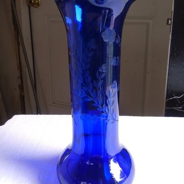 VINTAGE Cobalt Blue Etched Glass Vase, Home Decor 