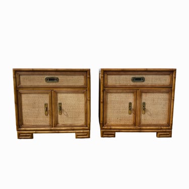 Set of 2 Vintage Hollywood Regency Nightstands FREE SHIPPING Drexel Captiva with Faux Bamboo Wood, Rattan & Greek Key - Coastal End Tables 