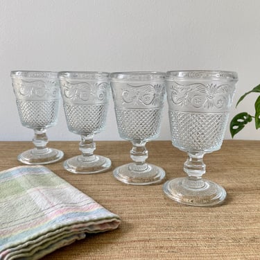 Vintage Goblets - Diamond Cut Clear Glass Hint of Blue - Footed Pressed Glass Goblet - Water Goblets - Set of 4 