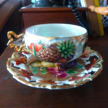 VINTAGE Royal Sealy Pierced Leaf Cup and Saucer, Gold Trim Collectible Teacup, Home Decor 