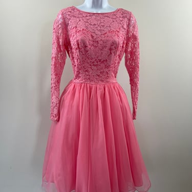 1970s Bubble Gum Pink Lace Cocktail Dress 
