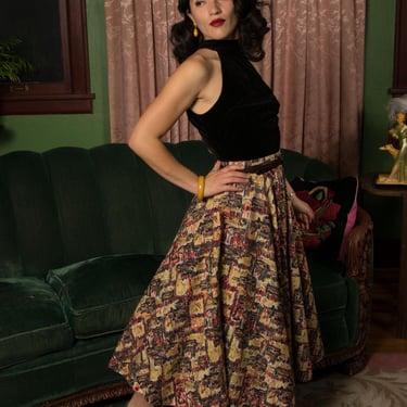 1950s Skirt - Lushly Autumnal Vintage 50s Cotton Circle Skirt in Painterly Abstract 