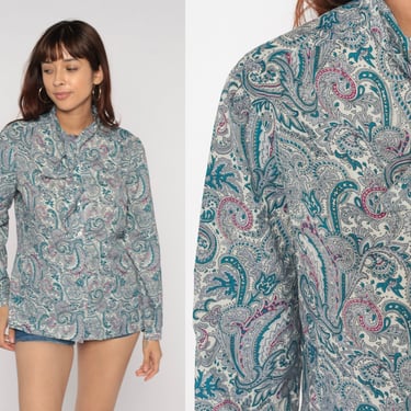 Paisley Ascot Blouse 70s Neck Tie Top Teal Psychedelic Shirt Vintage Bow 1970s Button Up Boho Long Puff Sleeve Bohemian Vintage Medium 