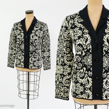 1950s Black White Cardigan Sweater | 50s Black & White Jacquard Cardigan | Catalina | Medium 