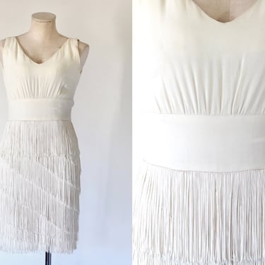 1960s Lilli Diamond Fringe Trimmed Crepe Party Dress - 60s Vintage Bridal Reception Rehearsal Dinner Cocktail Dress - XS - Small 