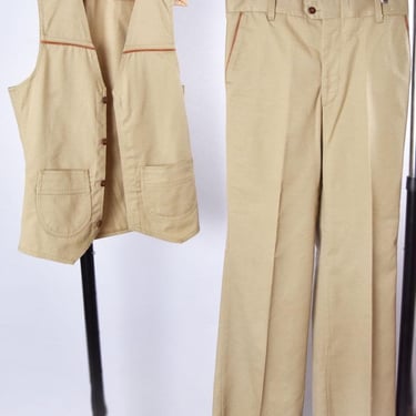 1970s Men's Tan Suit Pants & Vest Matching Set Leather Trim Cotton Denim, Light Brown, Beige, Hippie Disco 