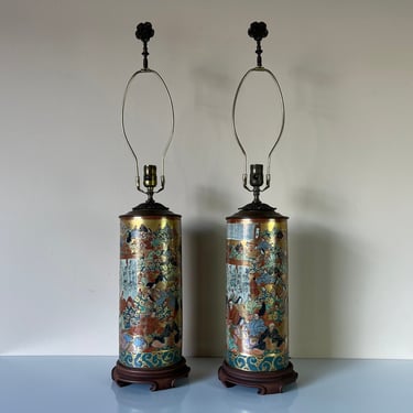 19th Century Japanese Kutani 100 Poems Porcelain Table Lamps - a Pair 