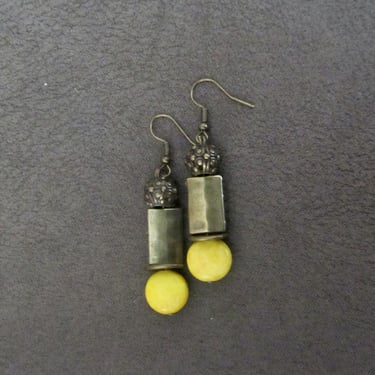 Industrial earrings, yellow howlite and bronze minimalist earrings, mid century modern earrings, unique Art Deco earrings, geometric 