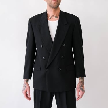 Vintage 80s Pierre Cardin Black Wool Gabardine Double Breasted Suit | Made in USA | 100% Wool | 1980s French Designer Tailored Mens Suit 