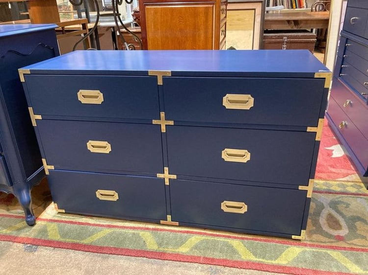 Blue painted campaign style 6 drawer dresser  48” x 19.25” x 30”