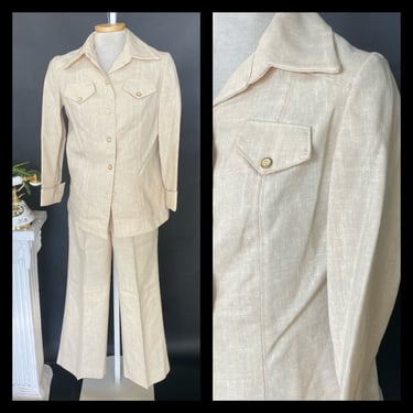 Vintage 1960s 1970s 70s Womenswear Suit Set Two Piece Pant Blazer Fitted Wide Leg Flare Linen Blend Neutral 