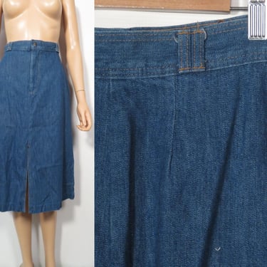 Vintage 70s High Waist Denim Midi Skirt Size XS 25 Waist 