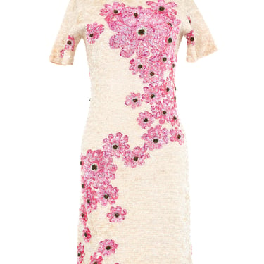 Cream Sequin Embellished Floral Knit Dress