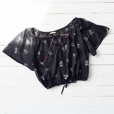 sheer cropped blouse | 70s vintage black floral see through milkmaid flutter sleeve crop top 