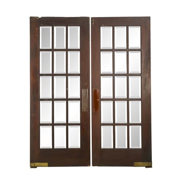 Vintage 15 Lite Beveled Glass Pine Swinging French Double Doors 80.25 x 64