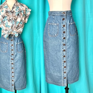 High Waist Denim Skirt, Button Down Front, Pencil Skirt, Pockets, Blue Jean Midi Skirt 