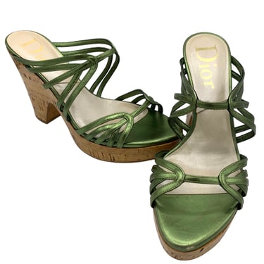 2000s Dior Metallic Green Strappy Cork Platform Wedge Sandals