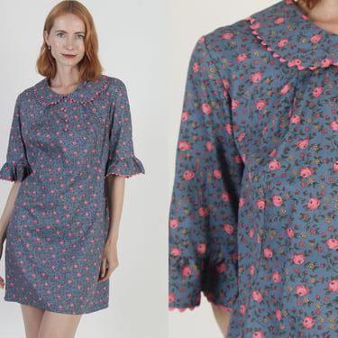 All Over Rose Floral Print Dress 60s Peter Pan Collar Frock Vintage Old Fashion Ric Rac Trim Bell Ruffle Sleeves 