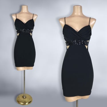 VINTAGE 90s Cutout Waist Black Sequin Mini Dress by Roberta sz 5/6 | 1990s Sexy Stretch Bodycon Party Dress | VFG 